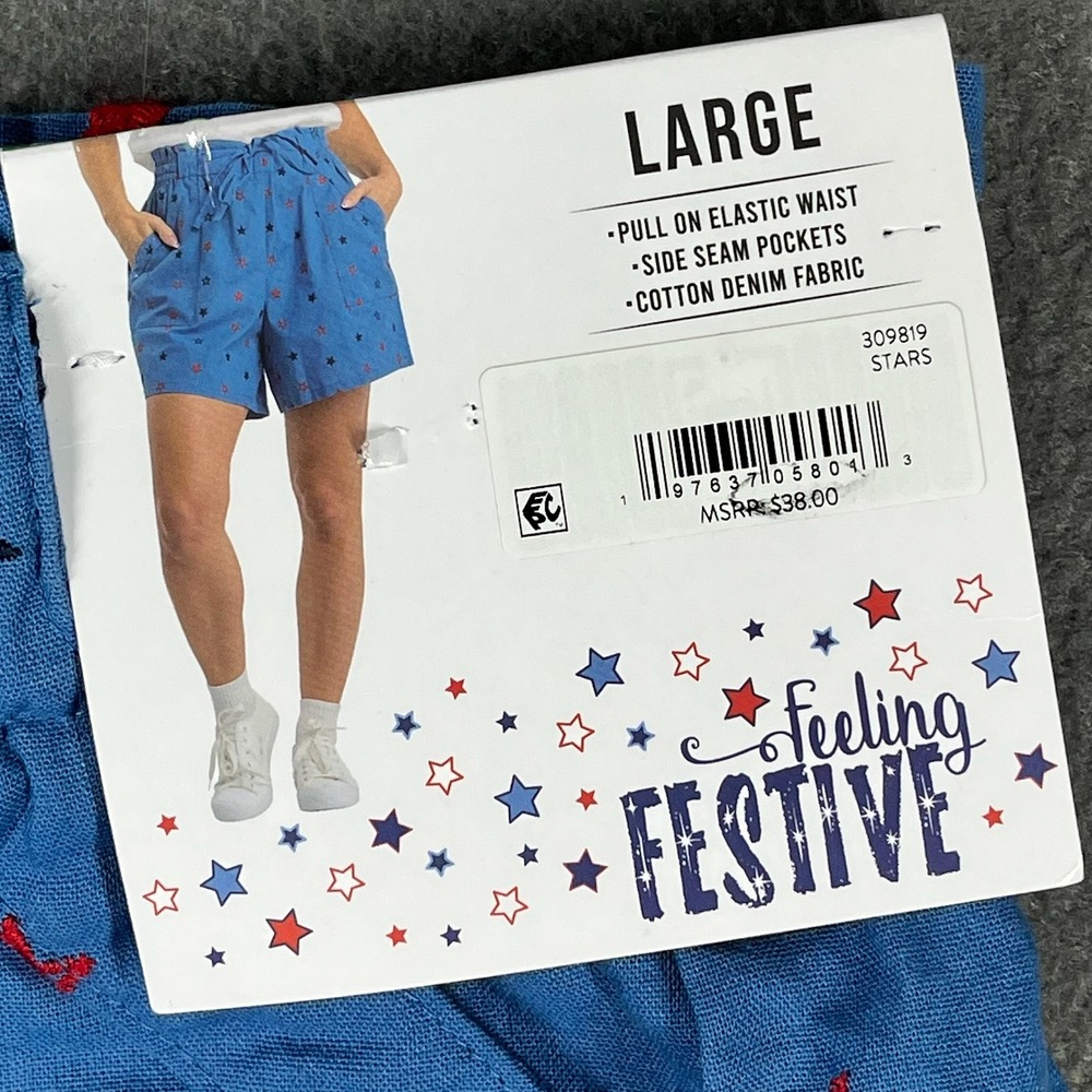 NWT Feeling Festive Shooting Star‎ Shorts Patriotic Size L Paperbag Denimcore - Picture 2 of 6